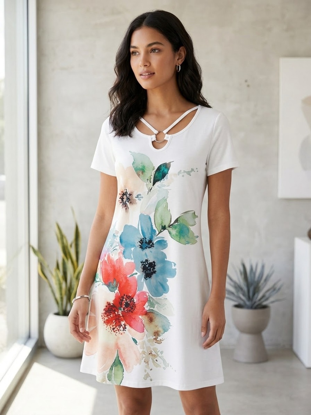 NORACORA Women's Floral O-Ring T-Shirt Dress Size S
